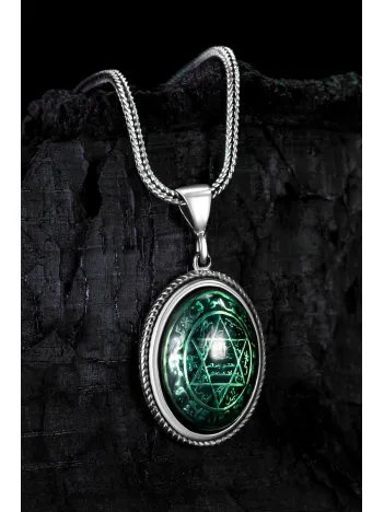 Erkek Gümüş Kolye - Yeşil Hz. Süleyman Mührü Erkek Gümüş Kolye