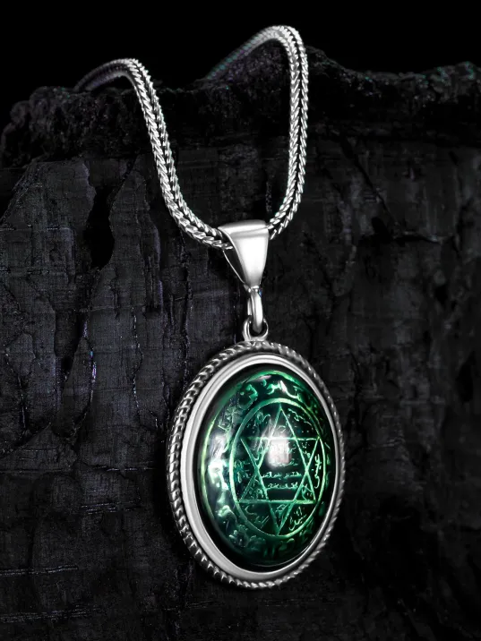 Erkek Gümüş Kolye - Yeşil Hz. Süleyman Mührü Erkek Gümüş Kolye