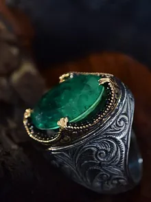 Yeşil Paraiba Taşlı Erzurum Kalem İşlemeli Gümüş Erkek Yüzük GYZYESILPRB-GMS