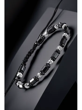 Siyah Hematit Taşlı Gümüş Detaylı Ayarlanabilir Erkek İp Bileklik - Model 4