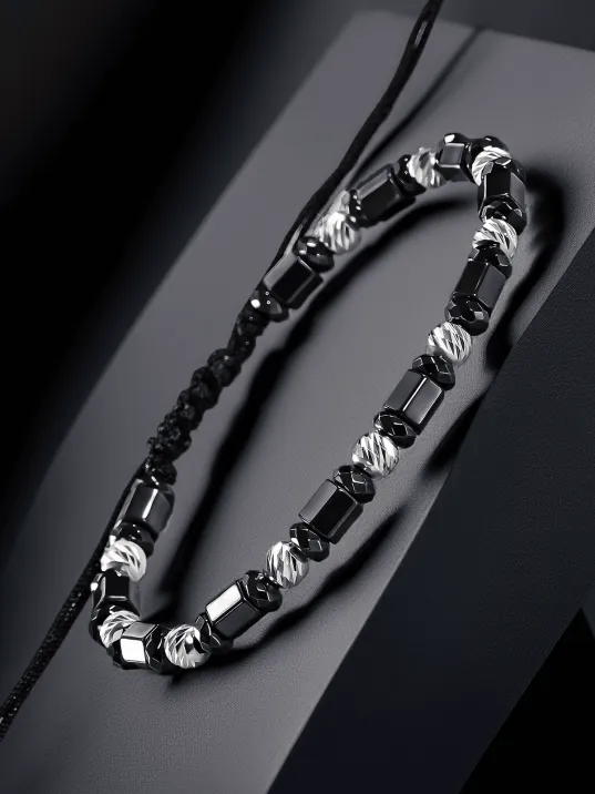 Siyah Hematit Taşlı Gümüş Detaylı Ayarlanabilir Erkek İp Bileklik - Model 4