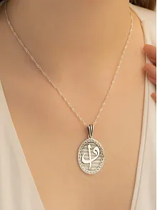 Oval Model Elif Vav Yazılı Bayan Gümüş Kolye Parlak Model Gklallhyzl1-gms