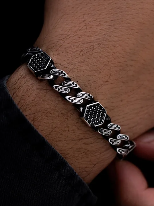 Erkek Gümüş Bileklik - Zirkon Taşlı Geometrik Şekilli Oksitli Gurmet Zinciri Model 3 Gümüş Bileklik