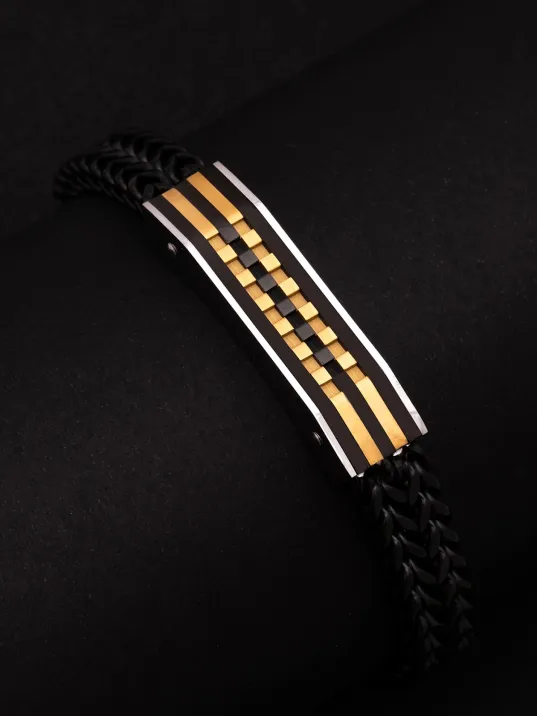 Erkek Çelik Bileklik - Siyah Bukle Model Çift Sıra Örüm Zincir Çelik Bileklik