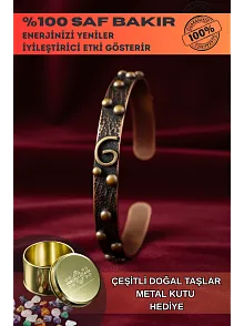 G Motif Model %100 Saf Bakır Erkek Kadın Bileklik – Metal Kutu ve Doğal Taşlar