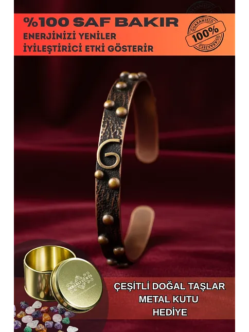 G Motif Model %100 Saf Bakır Erkek Kadın Bileklik – Metal Kutu ve Doğal Taşlar