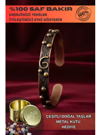 G Motif Model %100 Saf Bakır Erkek Kadın Bileklik – Metal Kutu ve Doğal Taşlar