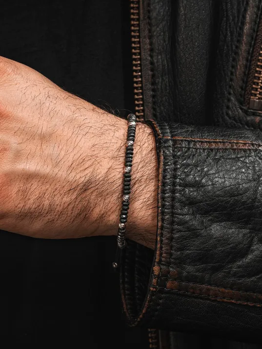 Siyah Hematit Taşlı Gümüş Detaylı Ayarlanabilir Erkek İp Bileklik - Model 5