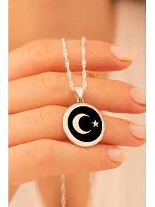 Kadın Gümüş Kolye - Türk Bayrağı Ay Yıldız Kadın Gümüş Kolye Zincir