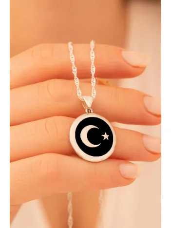 Kadın Gümüş Kolye - Türk Bayrağı Ay Yıldız Kadın Gümüş Kolye Zincir