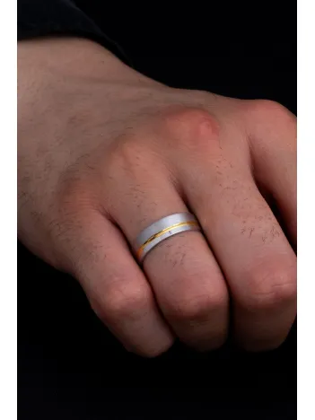 Erkek Gümüş Yüzük - 925 Ayar Sarı Ve Beyaz Model Gümüş Alyans Yüzük