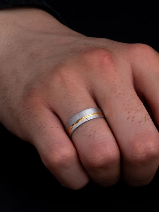 Erkek Gümüş Yüzük - 925 Ayar Sarı Ve Beyaz Model Gümüş Alyans Yüzük