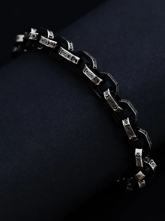 Erkek Gümüş Bileklik - Oksitli Desenli Forse Model Gümüş Bileklik Künye