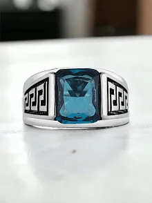 Erkek Gümüş Yüzük - Aquamarin Taşlı Kare Erkek Gümüş Yüzük