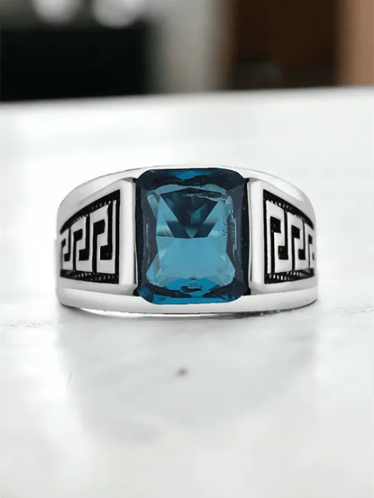 Erkek Gümüş Yüzük - Aquamarin Taşlı Kare Erkek Gümüş Yüzük