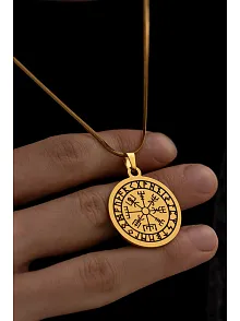 Viking Pusulası - Erkek Kolye - Viking Pusulası Model Sarı Renk Erkek Çelik Kolye - 316 L Paslanmaz Çelik