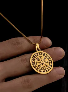Viking Pusulası - Erkek Kolye - Viking Pusulası Model Sarı Renk Erkek Çelik Kolye - 316 L Paslanmaz Çelik