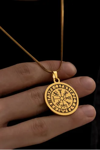 Viking Pusulası - Erkek Kolye - Viking Pusulası Model Sarı Renk Erkek Çelik Kolye - 316 L Paslanmaz Çelik