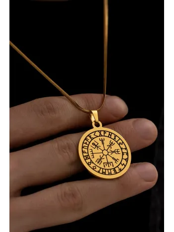 Viking Pusulası - Erkek Kolye - Viking Pusulası Model Sarı Renk Erkek Çelik Kolye - 316 L Paslanmaz Çelik