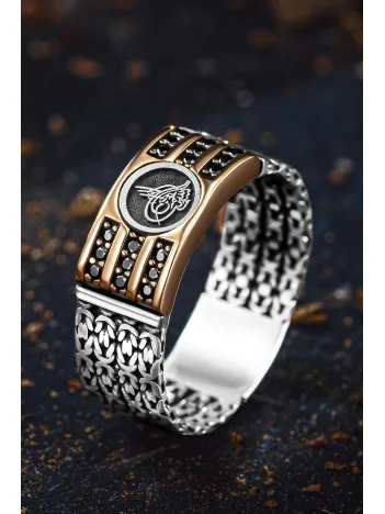 Erkek Gümüş Yüzük - Kral Zincirli Zirkon Taşlı Osmanlı Tuğralı İşlemeli Erkek Yüzük