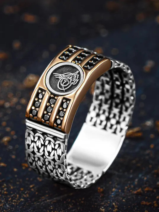 Erkek Gümüş Yüzük - Kral Zincirli Zirkon Taşlı Osmanlı Tuğralı İşlemeli Erkek Yüzük