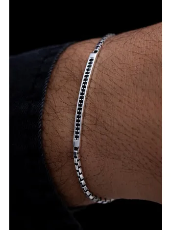 Erkek Gümüş Bileklik - Küp Model Siyah Zirkon Taşlı Gümüş Bileklik