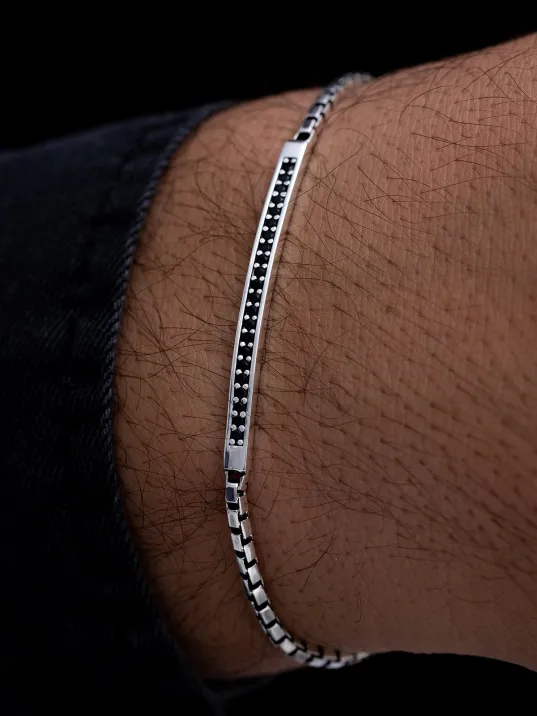 Erkek Gümüş Bileklik - Küp Model Siyah Zirkon Taşlı Gümüş Bileklik