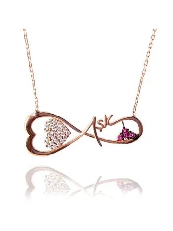 Aşk Yazılı Sonsuzluk Rose Renk Kadın Gümüş Kolye