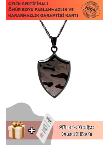 Askeri Kamuflaj Desenli Kalkan Modeli Çelik Erkek Kolye Zincir