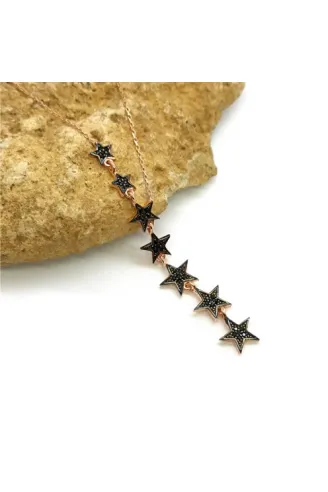 Siyah Taşlı Sıra Yıldızlı Rose Renk Bayan Gümüş Kolye GKLYILDIZLR-ROS