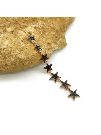 Siyah Taşlı Sıra Yıldızlı Rose Renk Bayan Gümüş Kolye GKLYILDIZLR-ROS