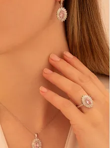 Kadın Gümüş Set - Mekik Model Pembe Zirkon Taşlı Baget Süslemeli Rodyumlu Kadın Set