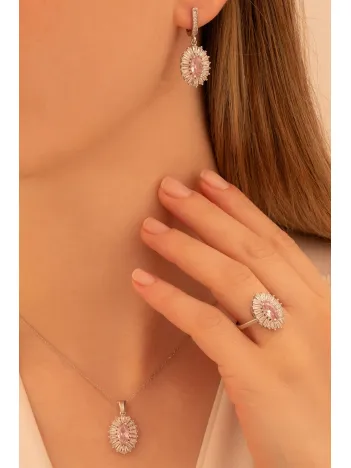 Kadın Gümüş Set - Mekik Model Pembe Zirkon Taşlı Baget Süslemeli Rodyumlu Kadın Set