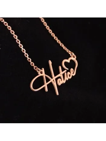 Kişiye Özel Kalp İmza İsim Yazılan Rose Renk Bayan Gümüş Kolye Zincir GKLROSISIMK