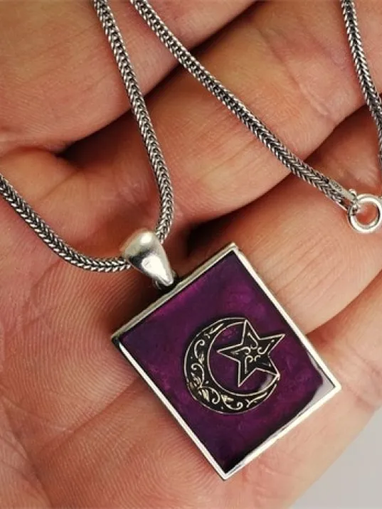 Bordo Mineli Ay Yıldız Erkek Gümüş Kolye Zincir Orta Boy