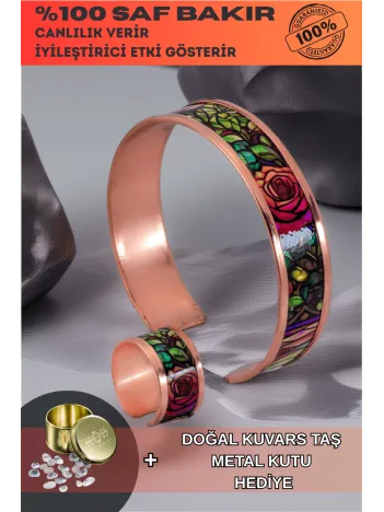 Kadın Bakır Bileklik Yüzük Set - Roselaw Model Özel Baskı Metal Kutu Ve Kuvars Taşı