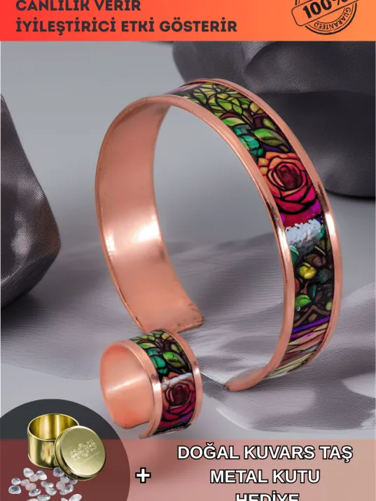 Kadın Bakır Bileklik Yüzük Set - Roselaw Model Özel Baskı Metal Kutu Ve Kuvars Taşı Kadın Bakır Bileklik Yüzük Set - Roselaw Model Özel Baskı Metal Kutu Ve Kuvars Taşı