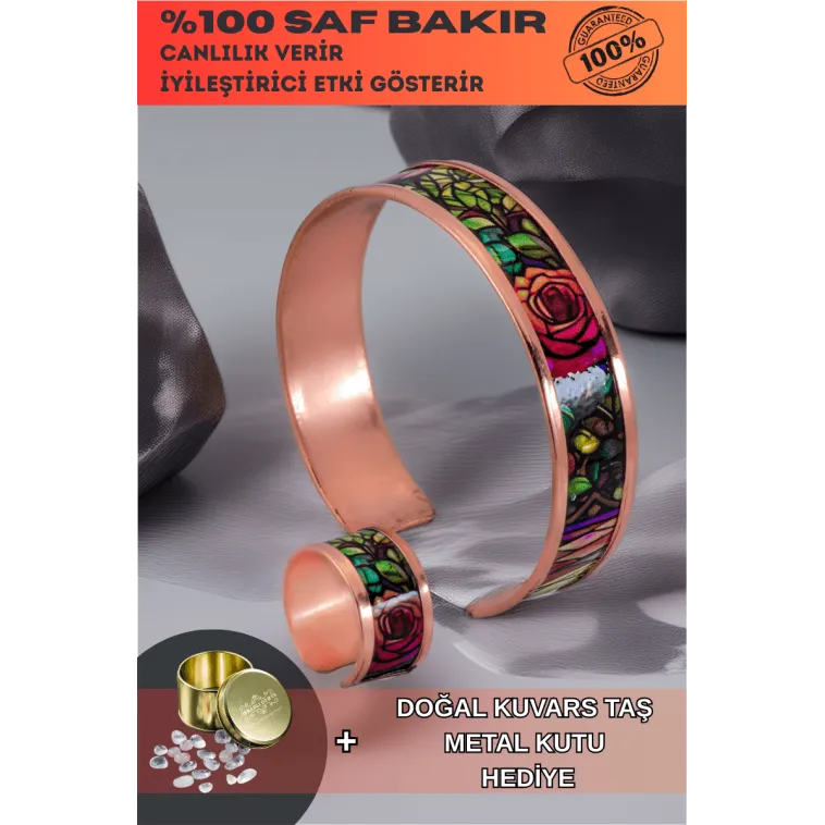 Kadın Bakır Bileklik Yüzük Set - Roselaw Model Özel Baskı Metal Kutu Ve Kuvars Taşı Kadın Bakır Bileklik Yüzük Set - Roselaw Model Özel Baskı Metal Kutu Ve Kuvars Taşı