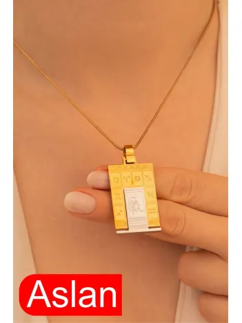 Kadın Çelik Kolye - Çelik Dikdörtgen Model Burç İşlemeli Kadın Kolye