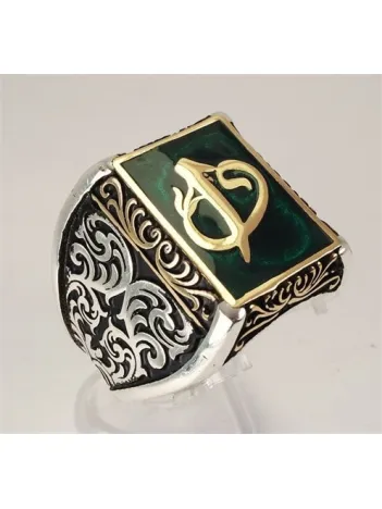 Vav Elif Yeşil Mineli Gümüş Erkek Yüzük