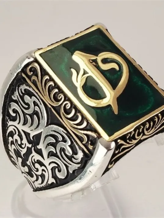 Vav Elif Yeşil Mineli Gümüş Erkek Yüzük