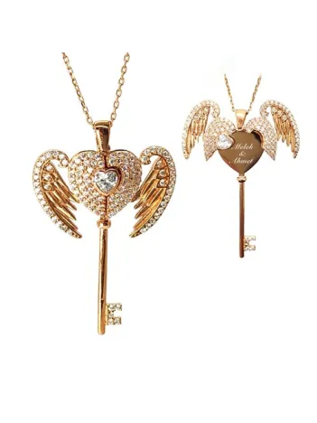 Zirkon Taşlı Melek Kanatlı İsimli Anahtar Bayan Gümüş Kolye