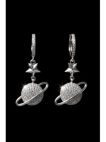Kadın Gümüş Küpe - Yıldız Ve Satürn Gezegen Model Zirkon Taş Gümüş Küpe