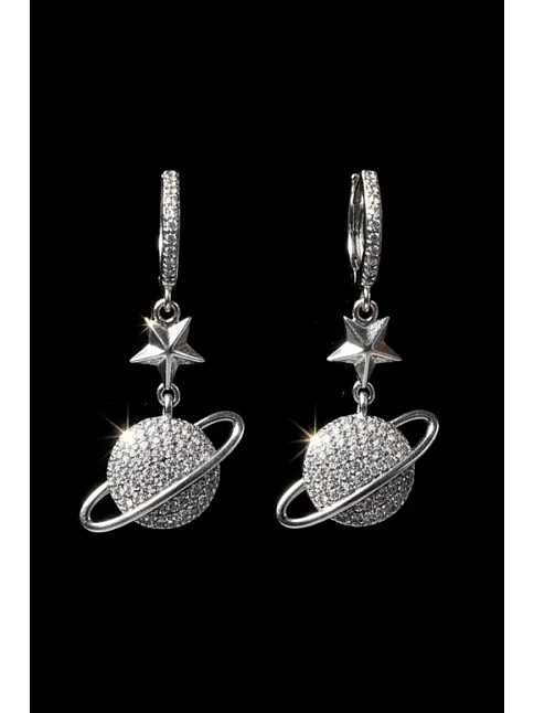 Kadın Gümüş Küpe - Yıldız Ve Satürn Gezegen Model Zirkon Taş Gümüş Küpe