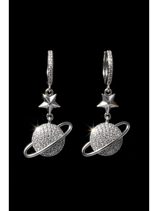 Kadın Gümüş Küpe - Yıldız Ve Satürn Gezegen Model Zirkon Taş Gümüş Küpe