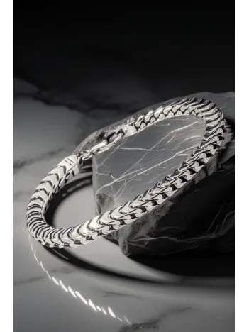 Erkek Gümüş Bileklik - Kalın Yassı Snake Parlak Model Erkek Künye