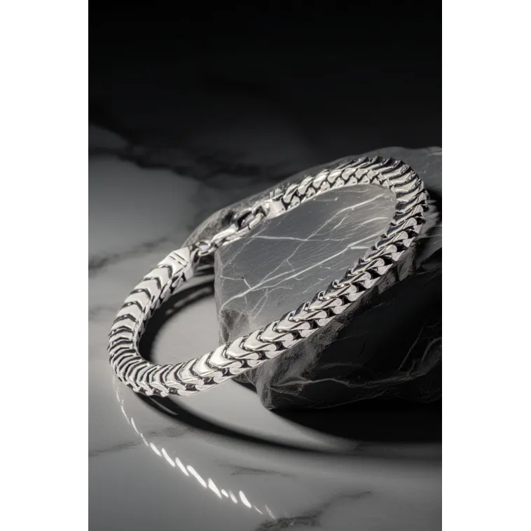 Erkek Gümüş Bileklik - Kalın Yassı Snake Parlak Model Erkek Künye