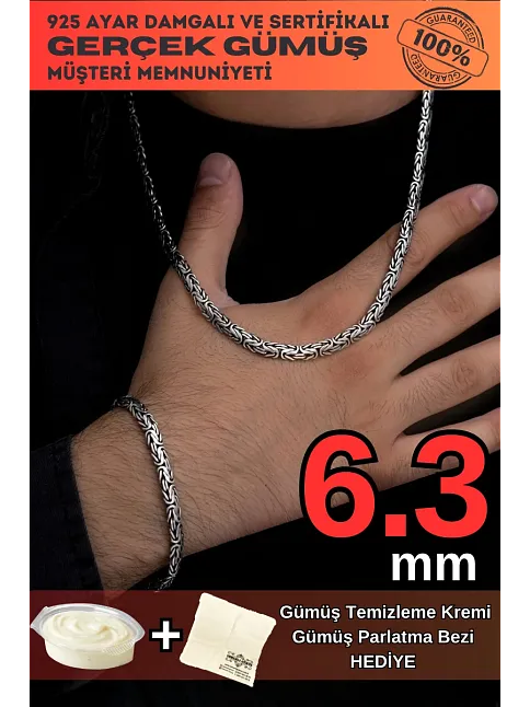 Erkek Gümüş Kolye Bileklik Set - Yassı Ezme Kral Gümüş Bileklik Set