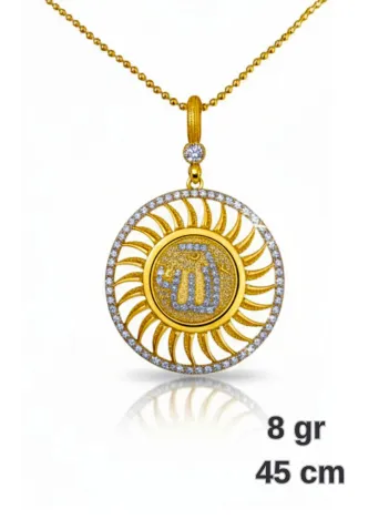 Kadın Gümüş Kolye - Yuvarlak Model Allah Yazılı 22 Ayar Altın Kaplama Zirkon Taşlı Gümüş Kolye