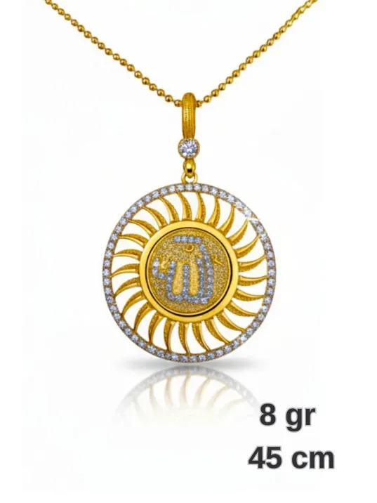 Kadın Gümüş Kolye - Yuvarlak Model Allah Yazılı 22 Ayar Altın Kaplama Zirkon Taşlı Gümüş Kolye